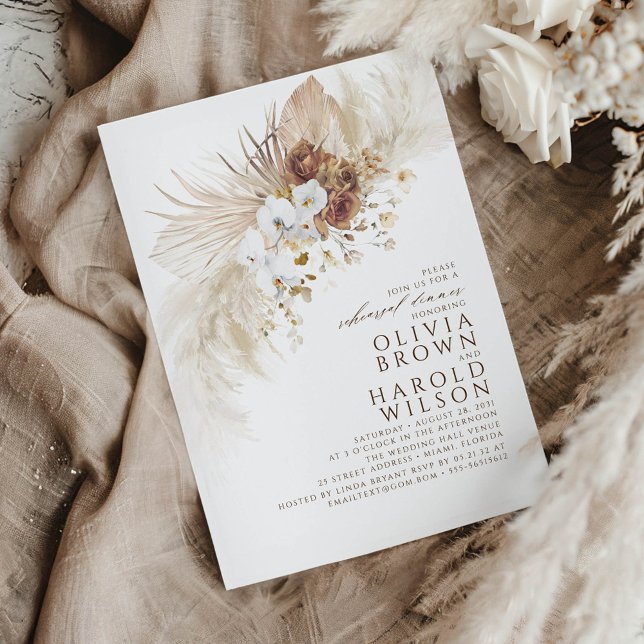 Earthy and White Flowers Boho Rehearsal Dinner Invitation (Brown and White Floral Rehearsal Dinner Invitations)