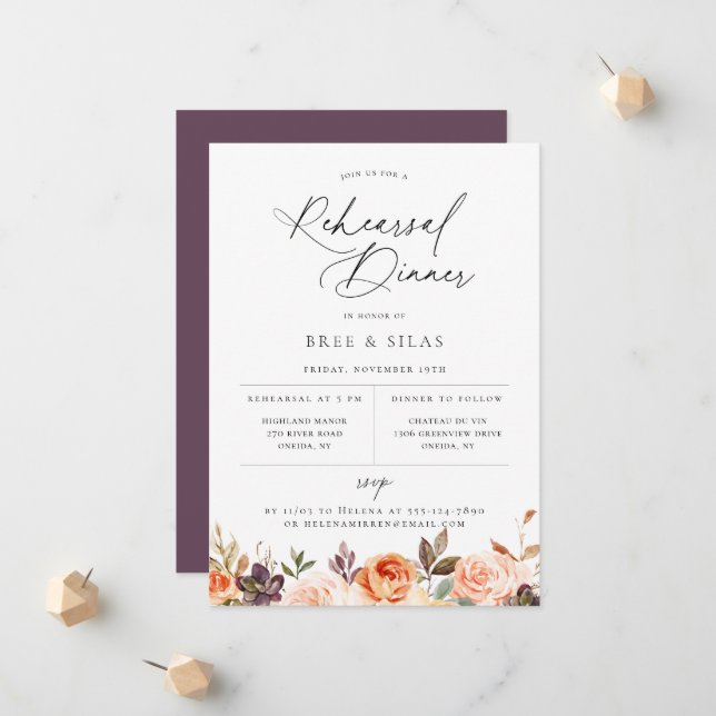 Earthy Autumn Floral Rehearsal Dinner Invitation (Front/Back In Situ)