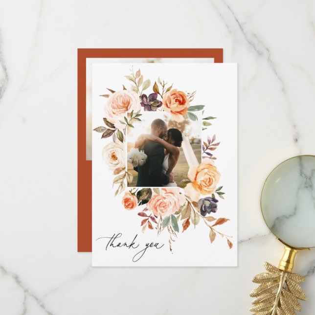 Earthy Autumn Floral Wedding Photo Thank You Card (Front/Back In Situ)