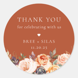 Earthy Autumn Floral Wedding Thank You Classic Round Sticker