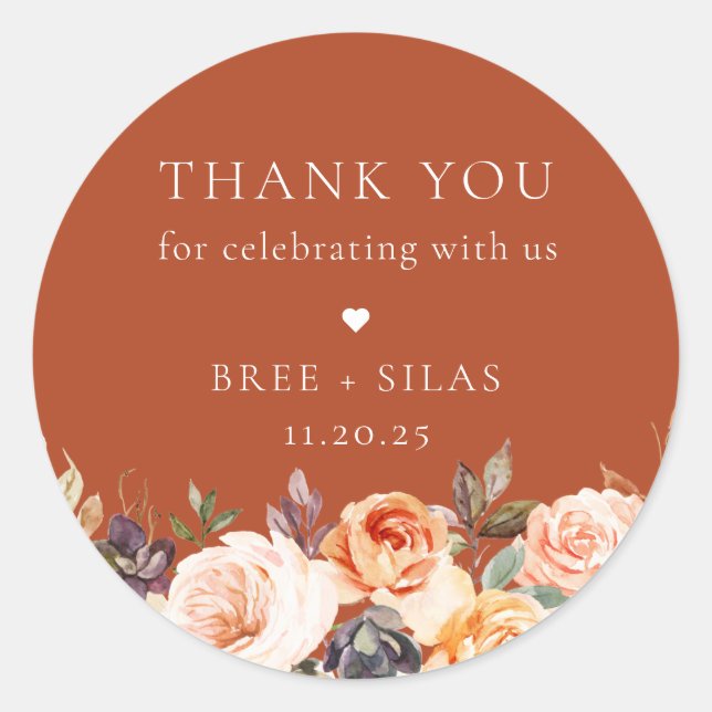 Earthy Autumn Floral Wedding Thank You Classic Round Sticker (Front)
