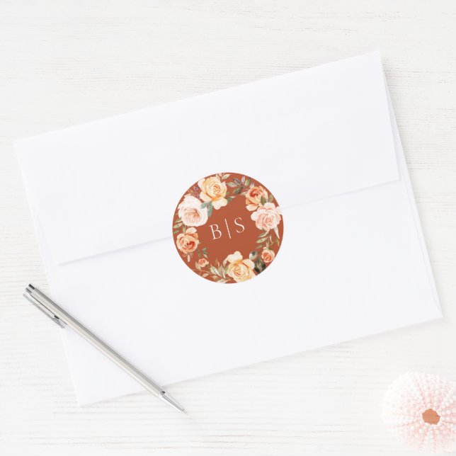 Earthy Autumn Floral Wreath Monogram Classic Round Sticker (Envelope)