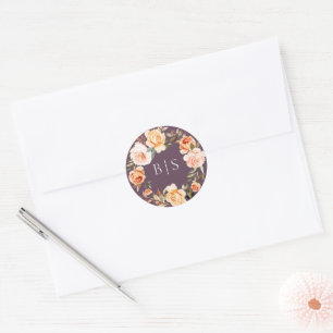 Earthy Autumn Floral Wreath Monogram Classic Round Sticker