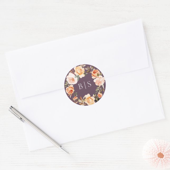 Earthy Autumn Floral Wreath Monogram Classic Round Sticker (Envelope)