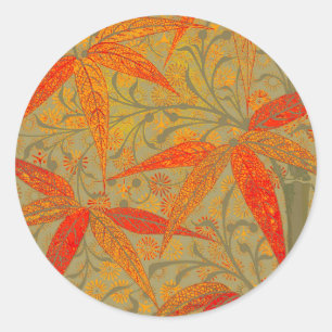 Earthy Bamboo Art Vintage Print Orange Classic Round Sticker