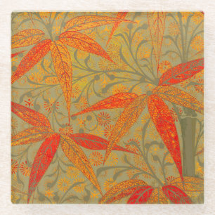 Earthy Bamboo Art Vintage Print Orange  Glass Coaster