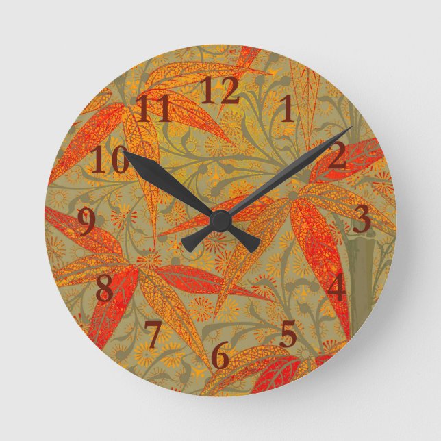 Earthy Bamboo Art Vintage Print Orange  Round Clock (Front)