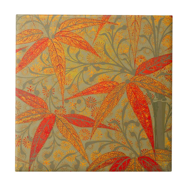 Earthy Bamboo Art Vintage Print Orange  Tile (Front)