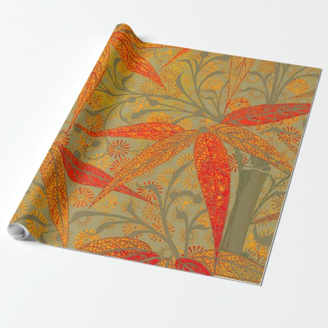 Earthy Bamboo Art Vintage Print Orange  Wrapping Paper (Unrolled)