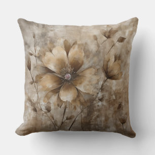 Earthy Beige Brown Watercolor Floral Print Throw Pillow