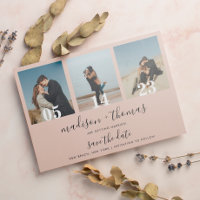 Earthy Beige Script 3 Photo Wedding Save The Date