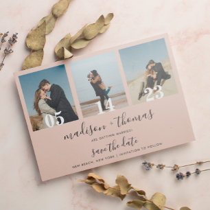 Earthy Beige Script 3 Photo Wedding Save The Date Magnetic Invitation