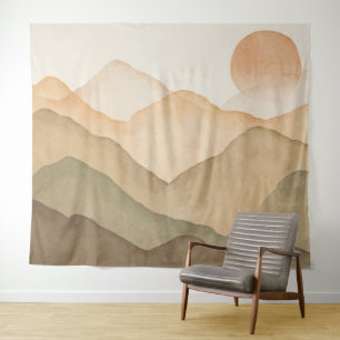 Earthy Beige Watercolor Mountains Landscape Tapestry