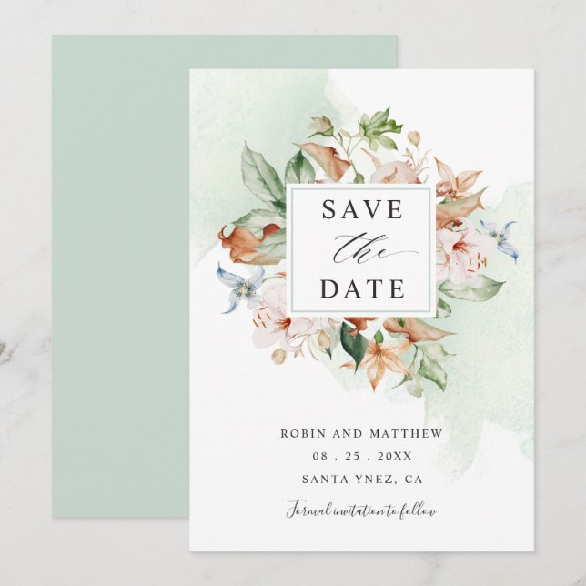 Earthy Blooms and Sage Green Floral Wedding Save T Save The Date (Front/Back)