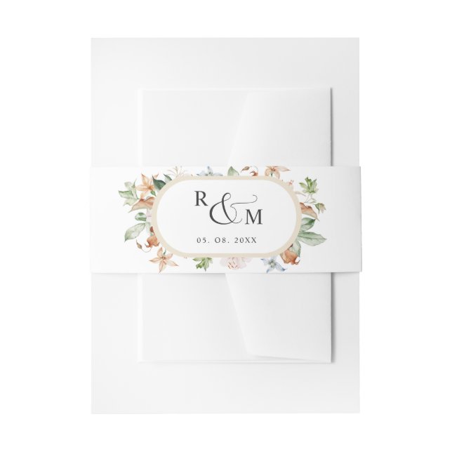 Earthy Blooms White Beige Oval Monogram Wedding Invitation Belly Band (Front Example)