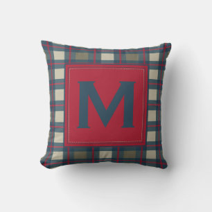 Earthy Blue Khaki Red Monogram Plaid Pillow
