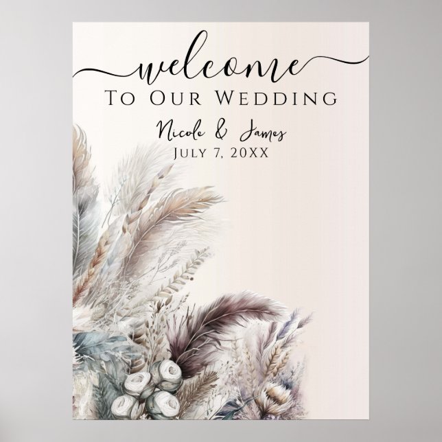 Earthy Bohemian Floral Feathers Wedding Poster (Front)