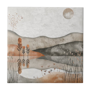 Earthy Bohemian Lake Terracotta Moon Landscape Tile