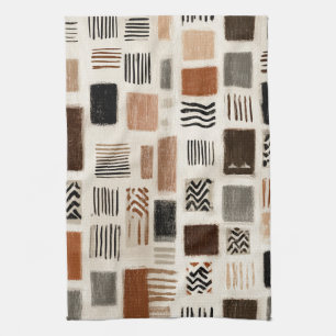 Earthy Boho Abstract Grid - Hand-Drawn Texture Kitchen Towel