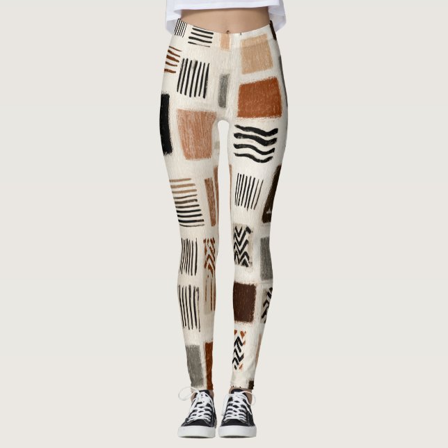 Earthy Boho Abstract Grid - Hand-Drawn Texture Leggings (Front)