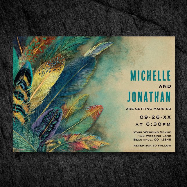 Earthy Boho Feathers | Turquoise Teal Wedding Invitation (Earthy Boho Feathers  Turquoise Teal Wedding Invitation Front)