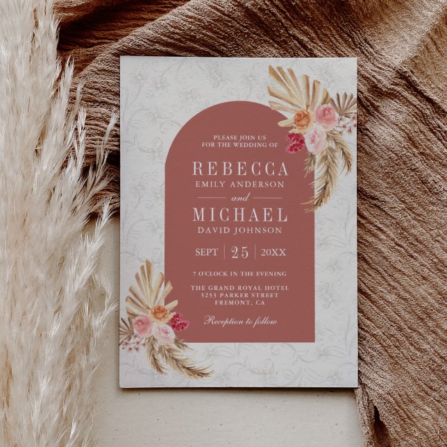 Earthy Boho Floral Pampas Cinnamon Rose Wedding Invitation (Creator Uploaded)