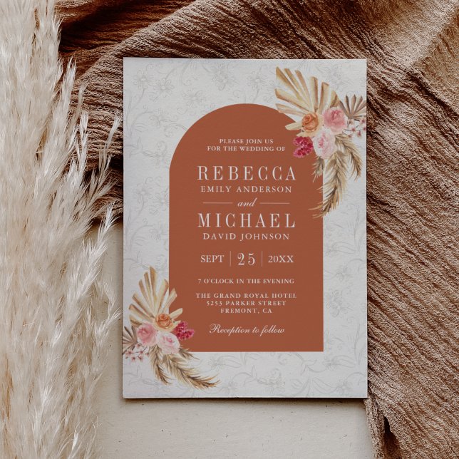 Earthy Boho Floral Pampas Terracotta Wedding Invitation (Creator Uploaded)