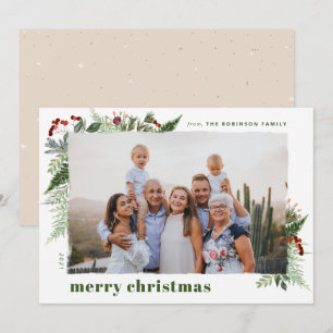 Earthy Boho Greenery Dry Brush Christmas Photo Holiday Card