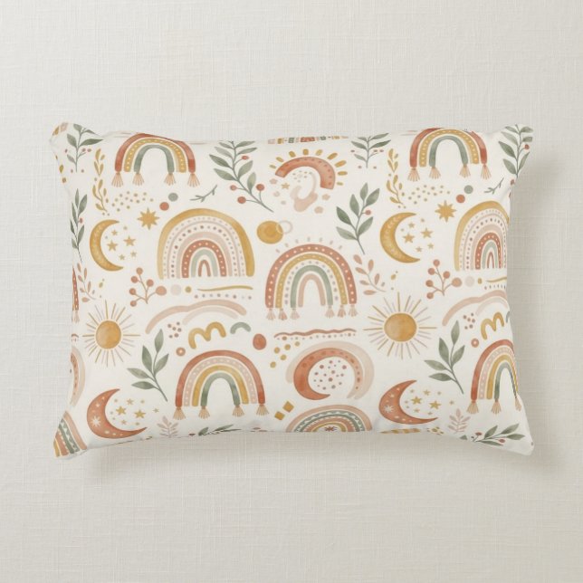 Earthy Boho Rainbow Nursery Accent Pillow (Front)