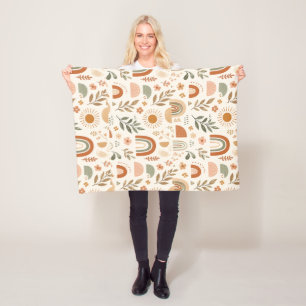 Earthy Boho Rainbow Sun Floral Fleece Blanket