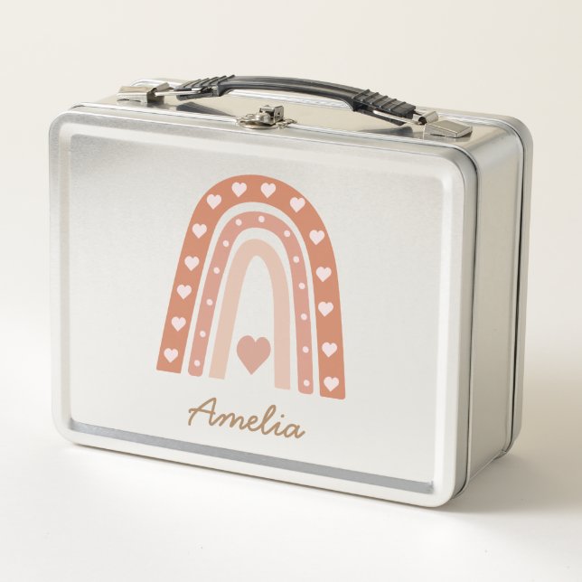 Earthy Boho Rainbow with hearts Personalized  Metal Lunch Box (Front)
