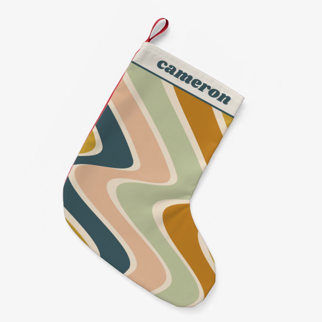 Earthy Boho Wavy Lines Retro Pastels Personalized  Small Christmas Stocking (Front (Hanging))