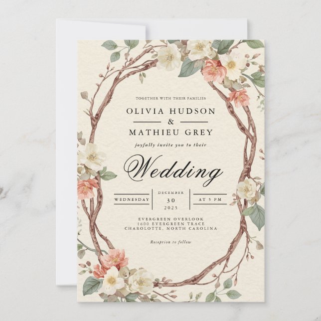 Earthy Branch Blossom Arch Wedding Invitation (Front)