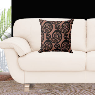 Earthy Bronze & Black Fern Frond Swirl Throw Pillow