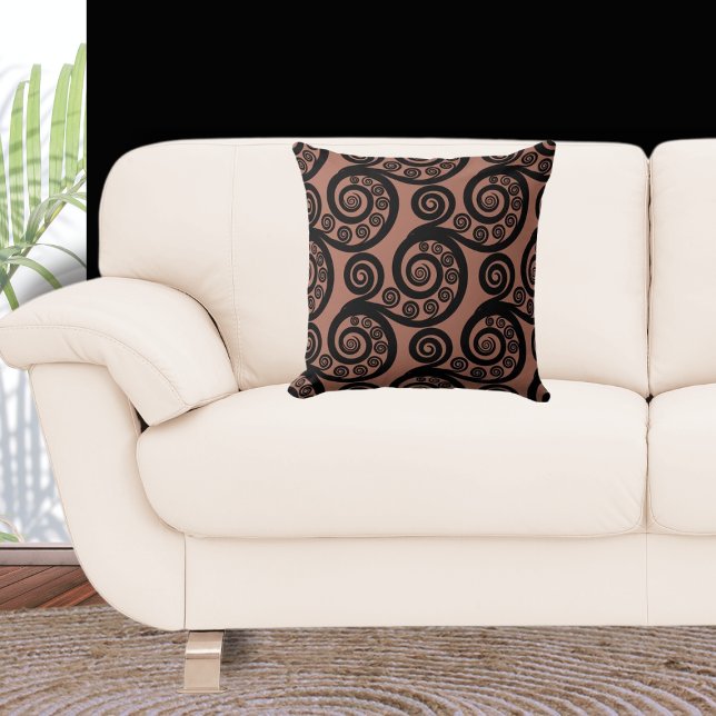 Earthy Bronze & Black Fern Frond Swirl Throw Pillow (Curl Pattern)