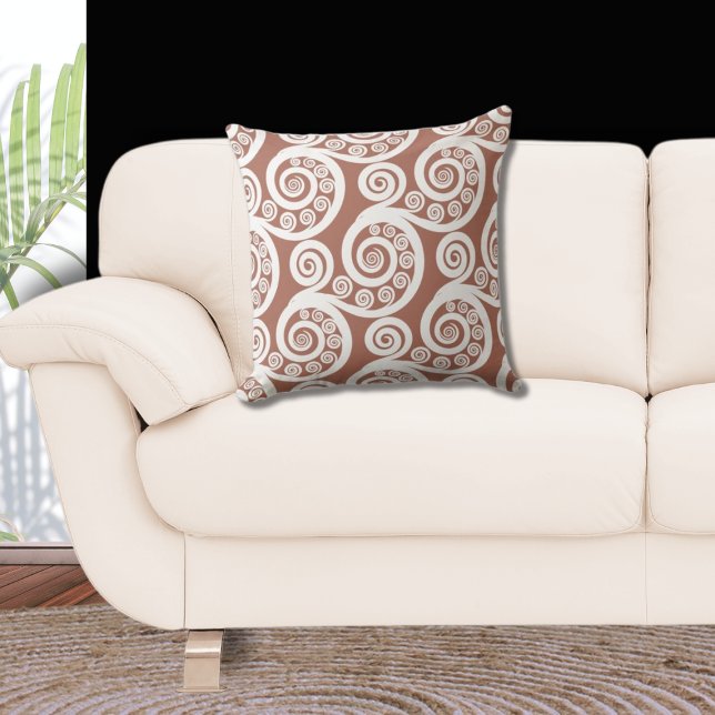 Earthy Bronze & White Koru Curl Pattern Throw Pillow (Curl Pattern, Brown and White)
