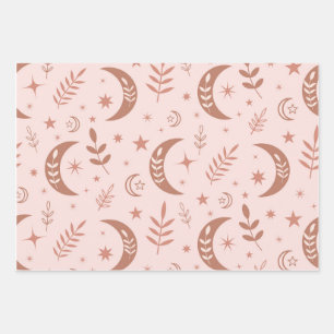 Earthy brown boho moon pattern on cream  wrapping paper sheet