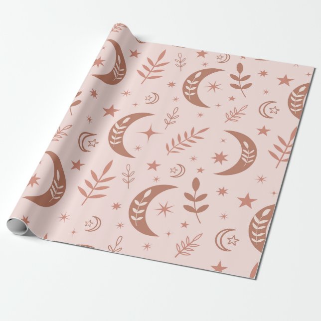 Earthy Brown Boho Moon Pattern Wrapping Paper (Unrolled)