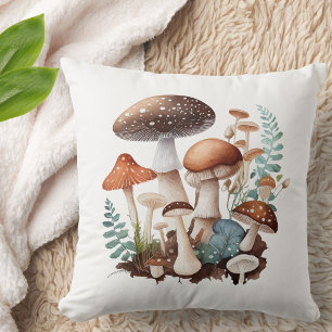 Earthy Brown Green Woodland Mushroom Cute Rustic Throw Pillow