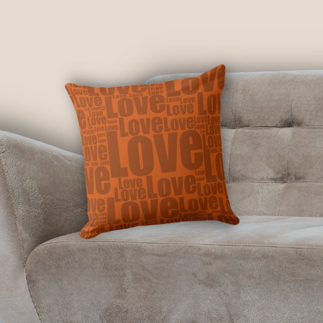 Earthy Burnt Orange Love Typography Pattern Throw Pillow (Warm Earthy Burnt Orange Love Typography Pattern Throw Pillow, Living Room Decor)