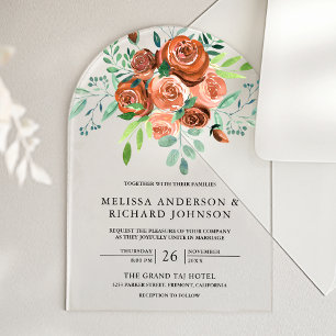 Earthy Burnt Orange Roses Bouquet Floral Wedding Acrylic Invitations