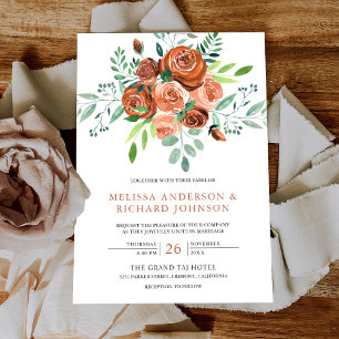 Earthy Burnt Orange Roses Bouquet Floral Wedding Invitation