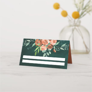 Earthy Burnt Orange Roses Floral Emerald Wedding Place Card