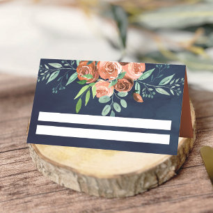 Earthy Burnt Orange Roses Floral Navy Blue Wedding Place Card