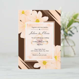 Earthy Chocolate Brown and Peach Floral Wedding Invitation