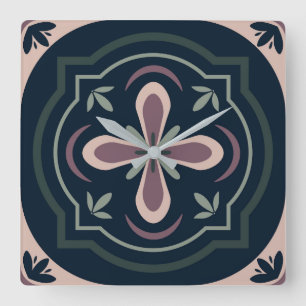 earthy coloured floral geometric tiles square wall clock