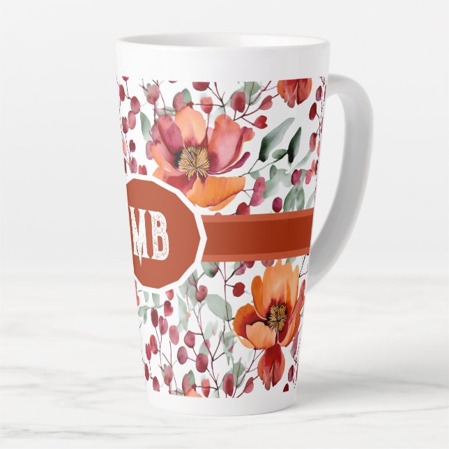 Earthy Colours, Fall Flowers Monogrammed Latte Mug (Right Angle)