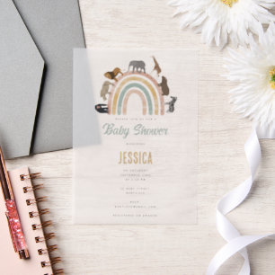 Earthy Colours Rainbow Jungle Animals Baby Shower Vellum Invitations