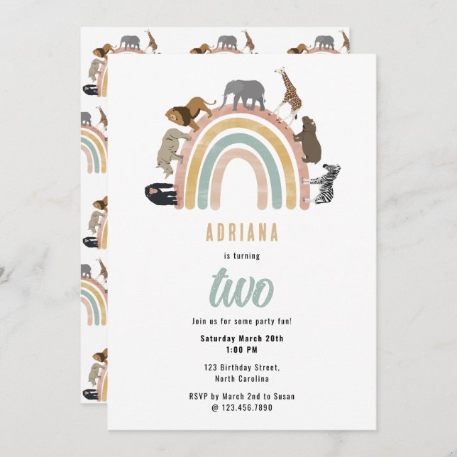 Earthy Colours Rainbow Jungle Animals Birthday Invitation (Front/Back)