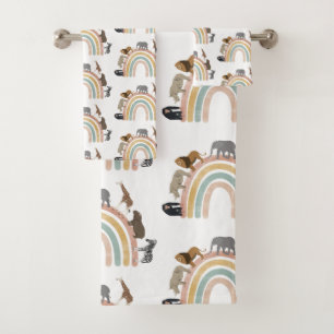 Earthy Colours Rainbow Jungle Animals Pattern  Bath Towel Set